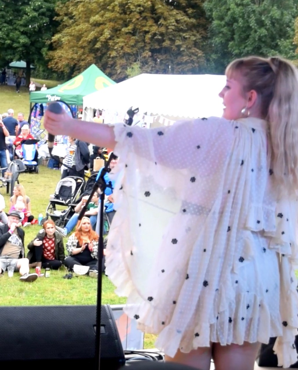 AMPLFY singer performing to a crowd at an outdoor festival